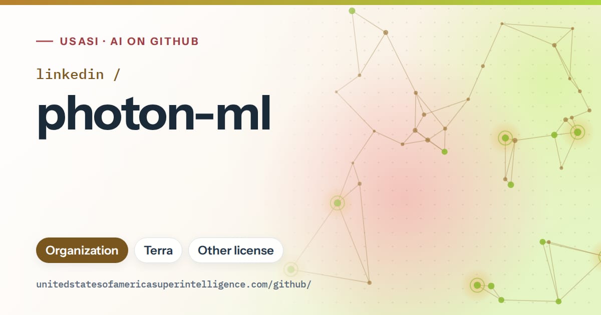 Generated orange constellation network artwork for linkedin/photon-ml, labeled USASI · AI on GitHub, with Organization · Terra · Other license.