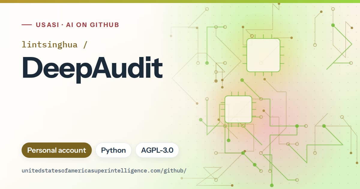 Generated green circuit-trace artwork for lintsinghua/DeepAudit, labeled USASI · AI on GitHub, with Personal account · Python · AGPL-3.0.