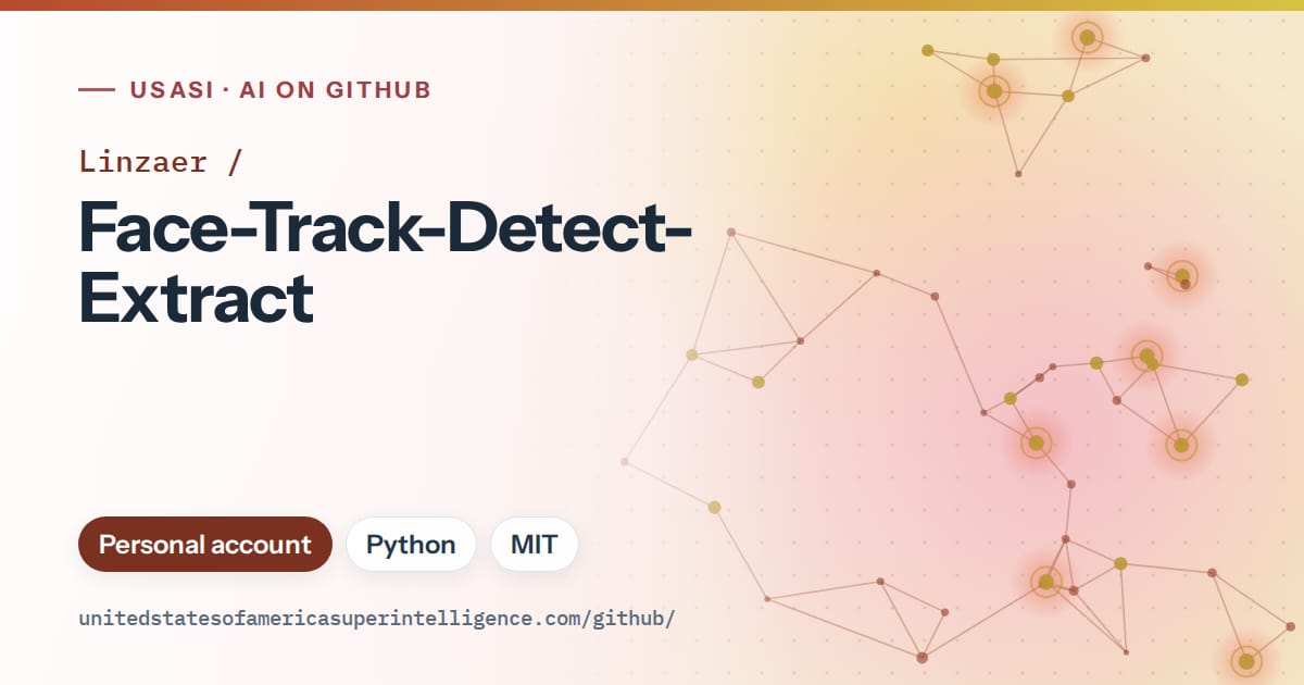 Generated red constellation network artwork for Linzaer/Face-Track-Detect-Extract, labeled USASI · AI on GitHub, with Personal account · Python · MIT.