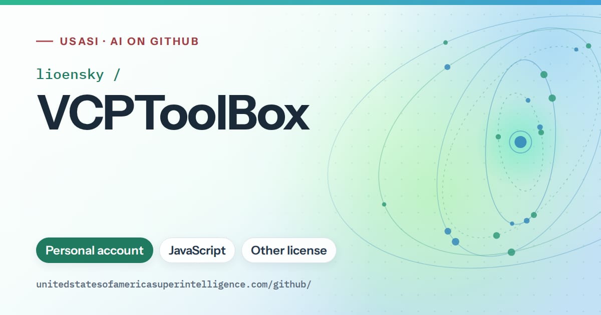 Generated teal orbit artwork for lioensky/VCPToolBox, labeled USASI · AI on GitHub, with Personal account · JavaScript · Other license.