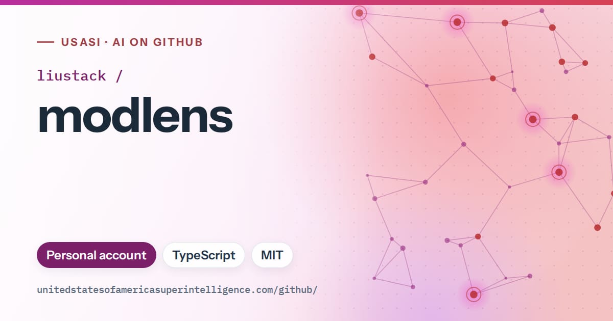 Generated purple constellation network artwork for liustack/modlens, labeled USASI · AI on GitHub, with Personal account · TypeScript · MIT.
