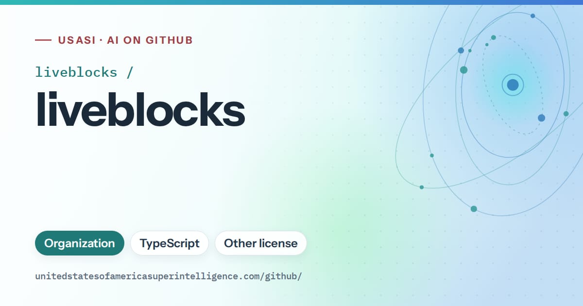 Generated teal orbit artwork for liveblocks/liveblocks, labeled USASI · AI on GitHub, with Organization · TypeScript · Other license.