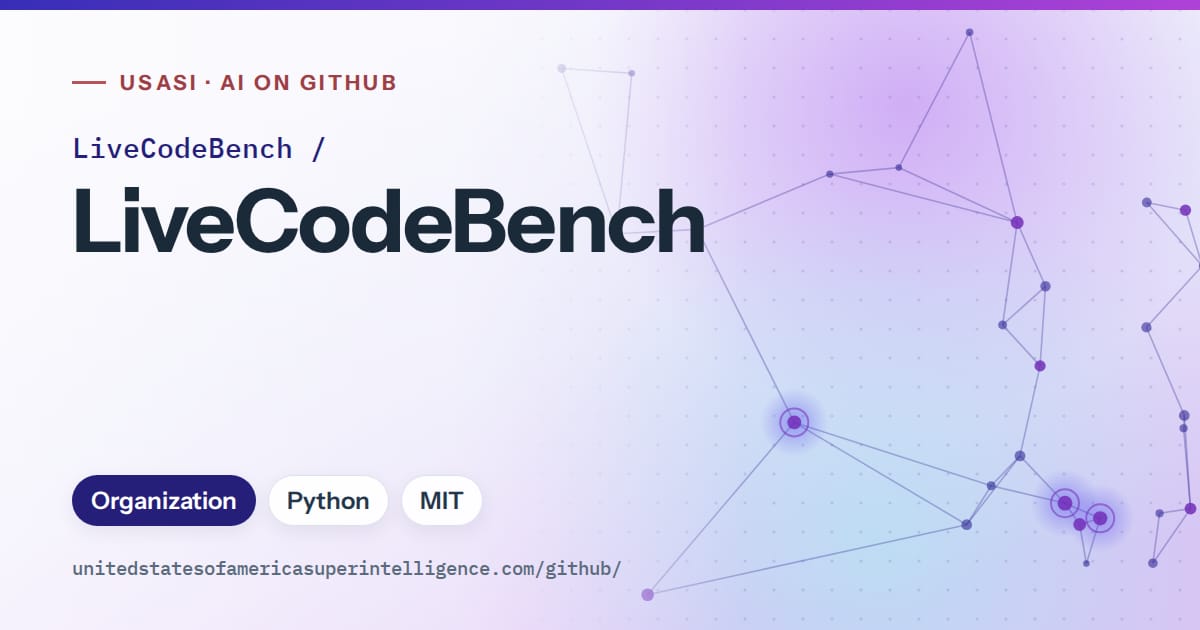 Generated blue constellation network artwork for LiveCodeBench/LiveCodeBench, labeled USASI · AI on GitHub, with Organization · Python · MIT.