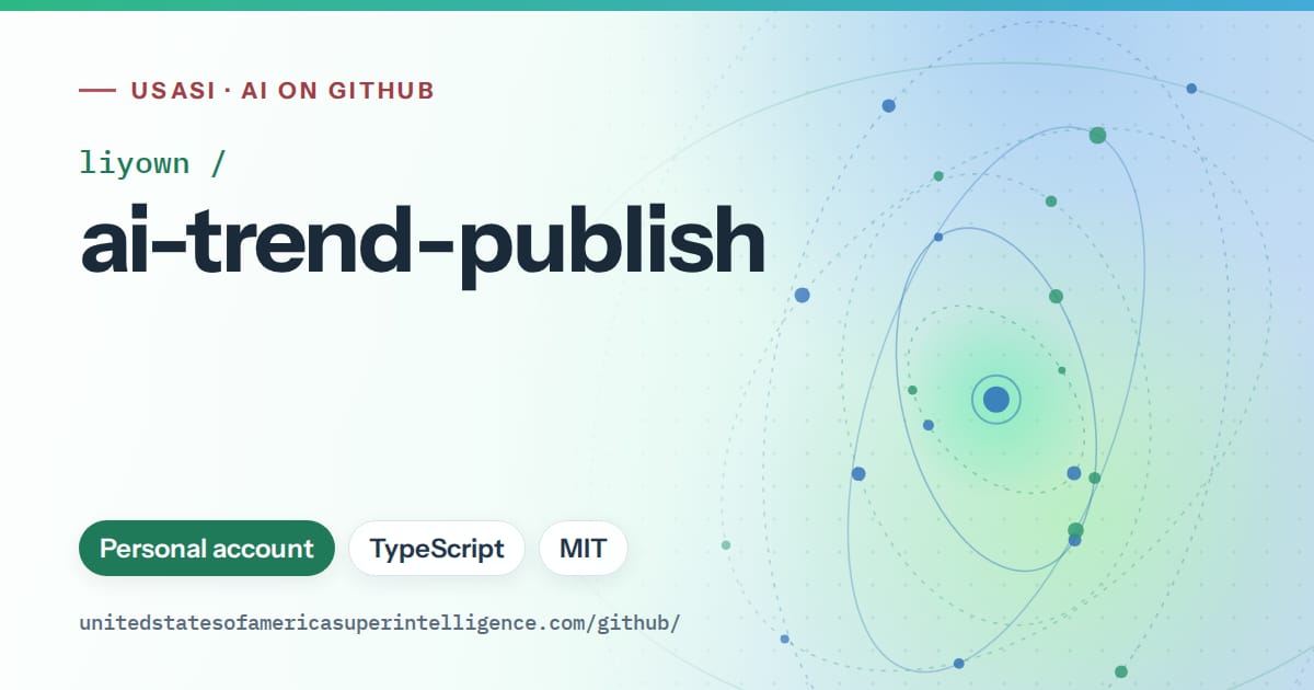 Generated teal orbit artwork for liyown/ai-trend-publish, labeled USASI · AI on GitHub, with Personal account · TypeScript · MIT.