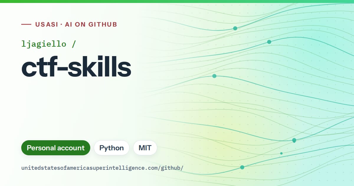 Generated green flowing-wave artwork for ljagiello/ctf-skills, labeled USASI · AI on GitHub, with Personal account · Python · MIT.