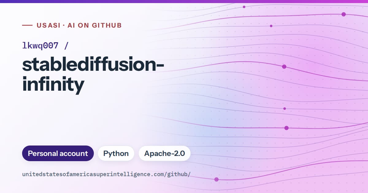 Generated violet flowing-wave artwork for lkwq007/stablediffusion-infinity, labeled USASI · AI on GitHub, with Personal account · Python · Apache-2.0.