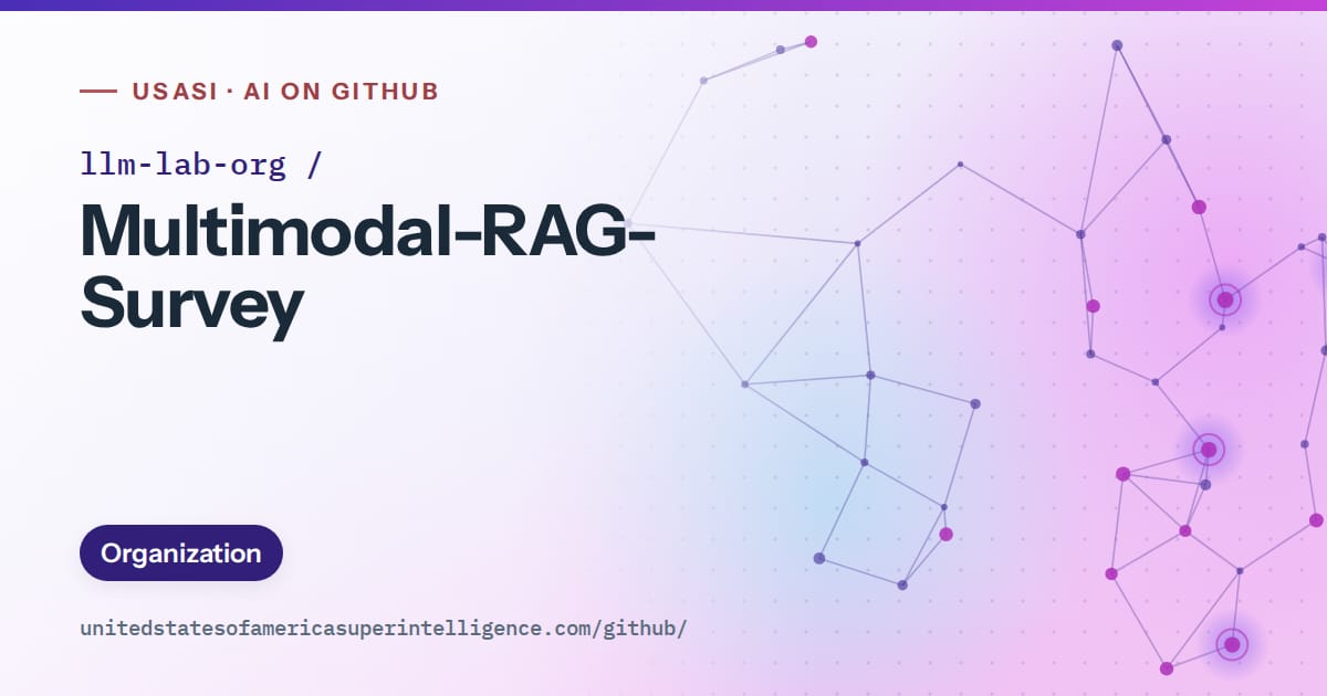 Generated violet constellation network artwork for llm-lab-org/Multimodal-RAG-Survey, labeled USASI · AI on GitHub, with Organization.