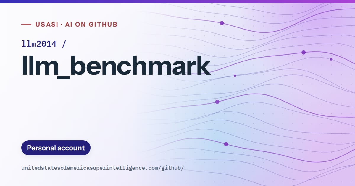 Generated blue flowing-wave artwork for llm2014/llm_benchmark, labeled USASI · AI on GitHub, with Personal account.