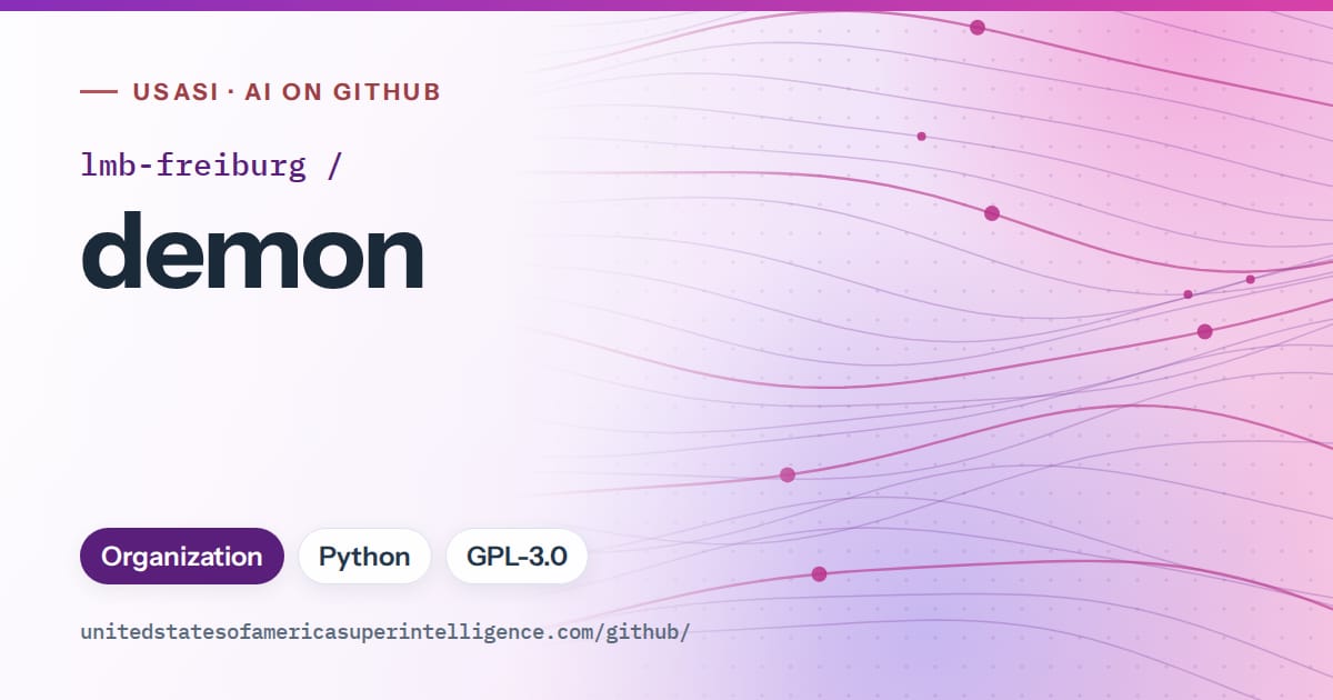 Generated violet flowing-wave artwork for lmb-freiburg/demon, labeled USASI · AI on GitHub, with Organization · Python · GPL-3.0.
