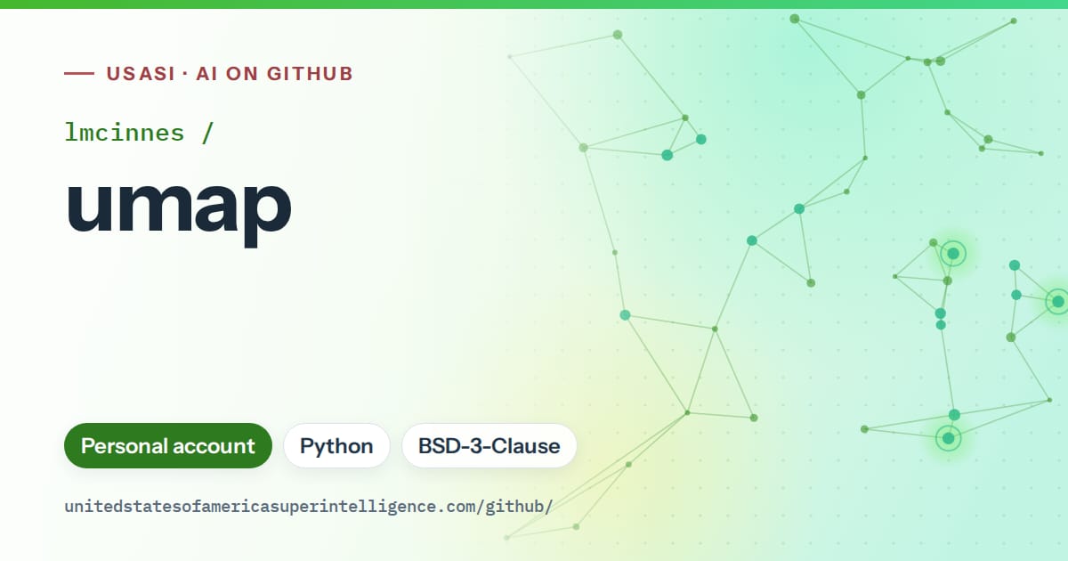 Generated green constellation network artwork for lmcinnes/umap, labeled USASI · AI on GitHub, with Personal account · Python · BSD-3-Clause.