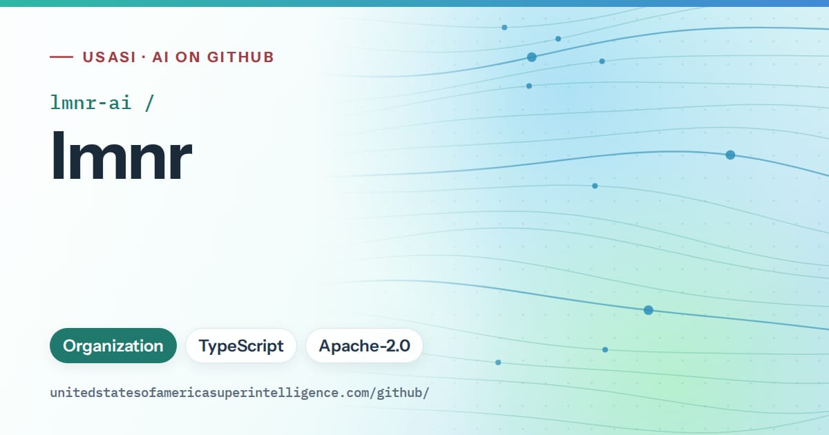 Generated teal flowing-wave artwork for lmnr-ai/lmnr, labeled USASI · AI on GitHub, with Organization · TypeScript · Apache-2.0.