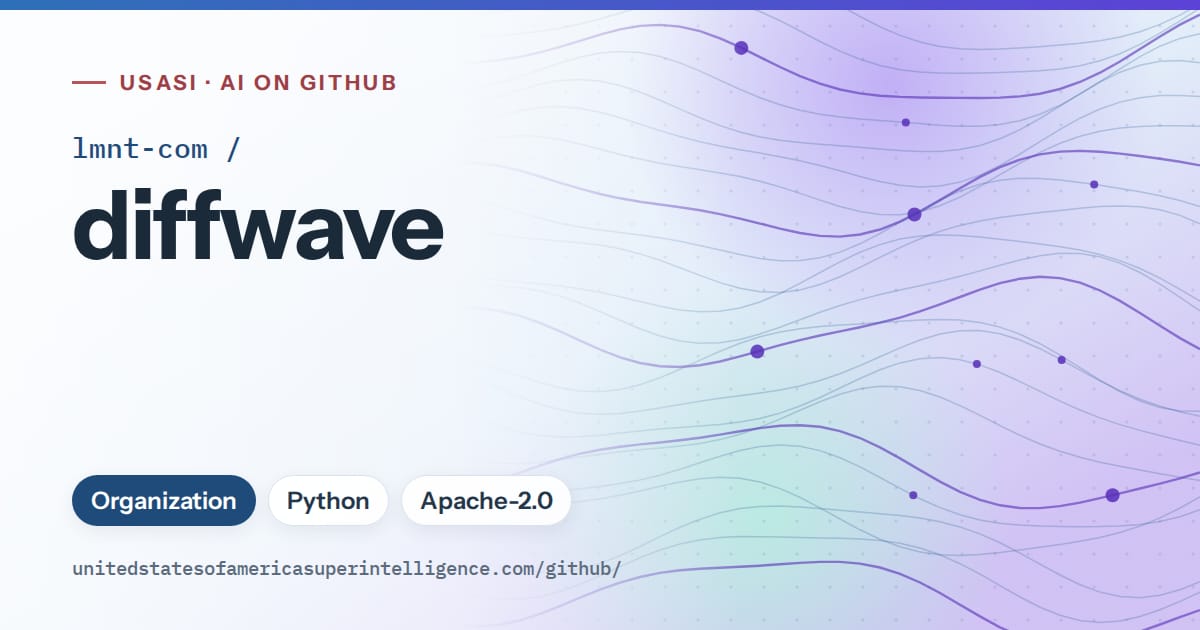 Generated sky blue flowing-wave artwork for lmnt-com/diffwave, labeled USASI · AI on GitHub, with Organization · Python · Apache-2.0.