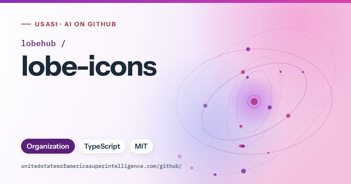Generated violet orbit artwork for lobehub/lobe-icons, labeled USASI · AI on GitHub, with Organization · TypeScript · MIT.