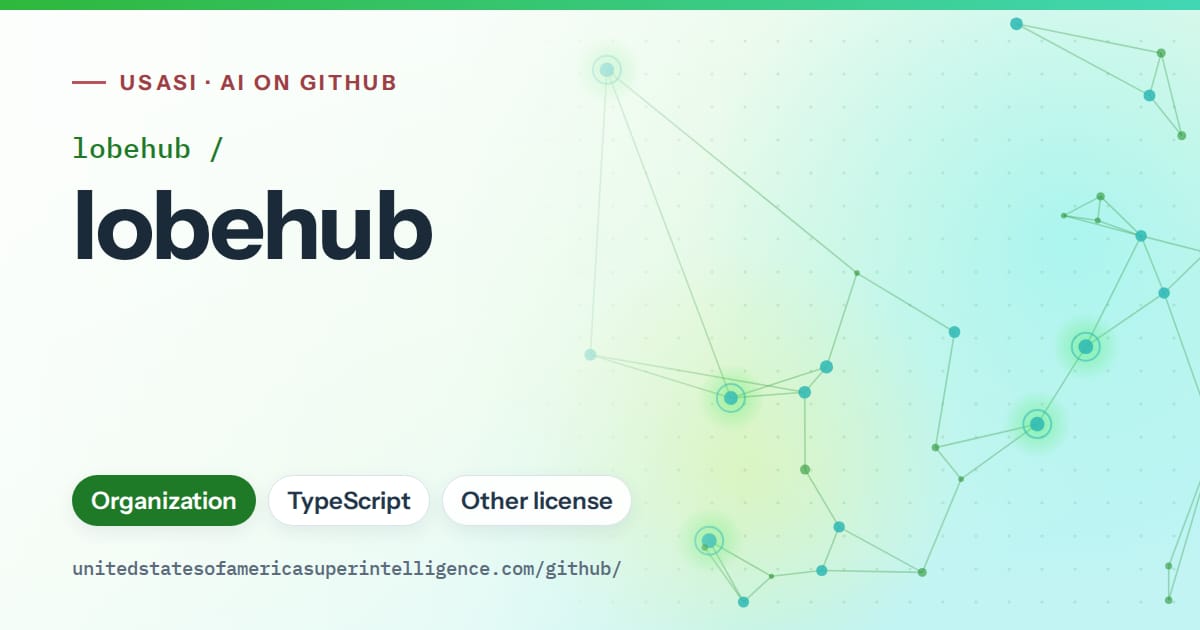 Generated green constellation network artwork for lobehub/lobehub, labeled USASI · AI on GitHub, with Organization · TypeScript · Other license.