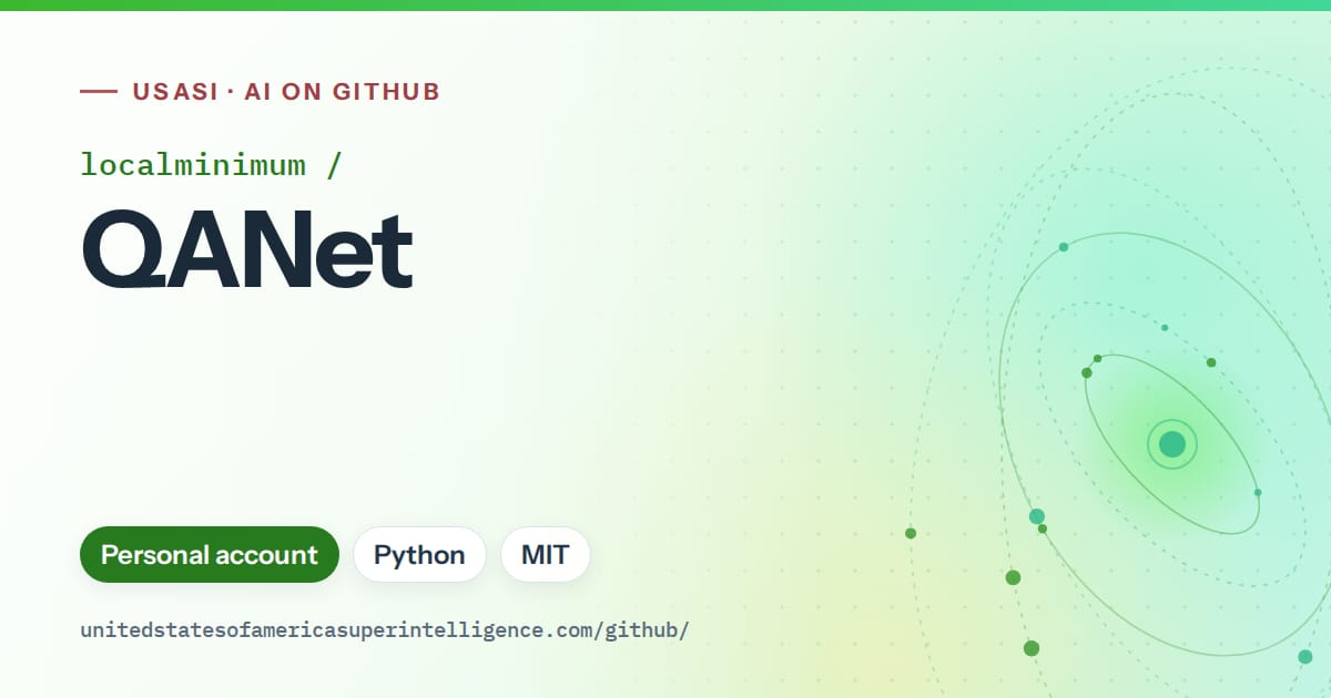 Generated green orbit artwork for localminimum/QANet, labeled USASI · AI on GitHub, with Personal account · Python · MIT.
