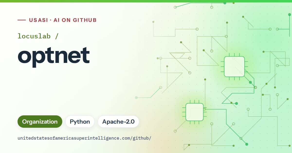 Generated green circuit-trace artwork for locuslab/optnet, labeled USASI · AI on GitHub, with Organization · Python · Apache-2.0.