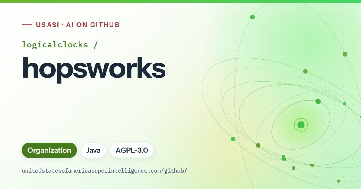 Generated green orbit artwork for logicalclocks/hopsworks, labeled USASI · AI on GitHub, with Organization · Java · AGPL-3.0.