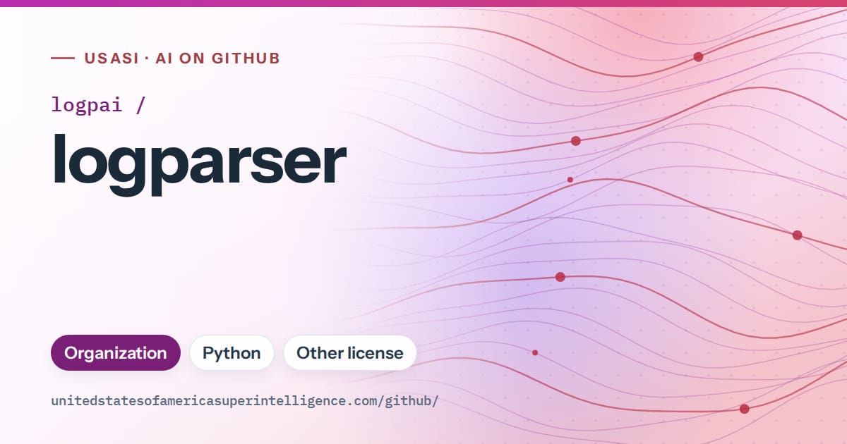 Generated purple flowing-wave artwork for logpai/logparser, labeled USASI · AI on GitHub, with Organization · Python · Other license.