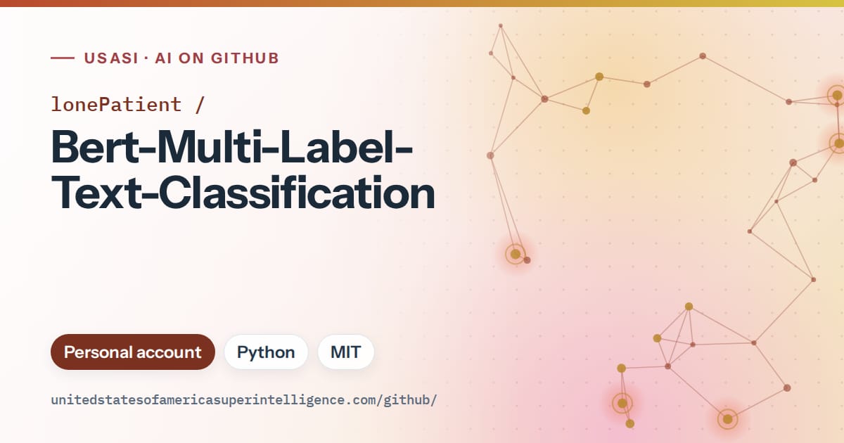 Generated red constellation network artwork for lonePatient/Bert-Multi-Label-Text-Classification, labeled USASI · AI on GitHub, with Personal account · Python · MIT.