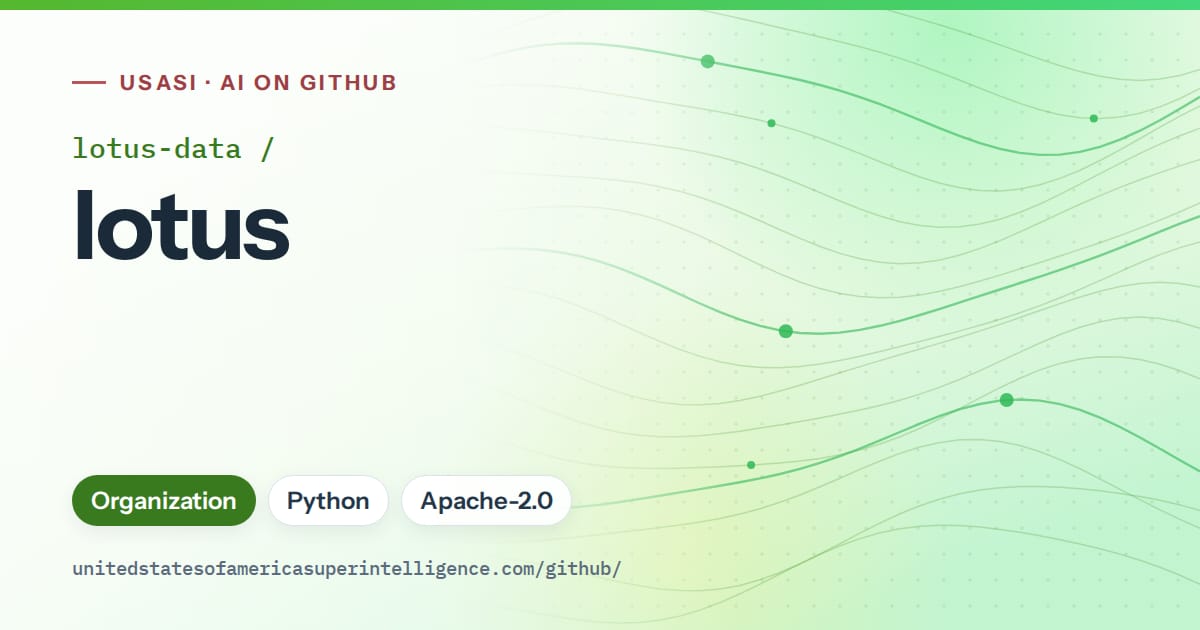 Generated green flowing-wave artwork for lotus-data/lotus, labeled USASI · AI on GitHub, with Organization · Python · Apache-2.0.