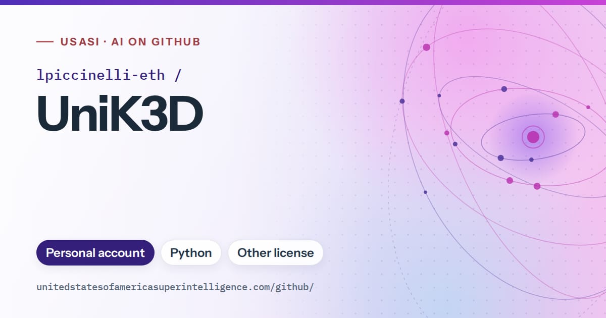 Generated violet orbit artwork for lpiccinelli-eth/UniK3D, labeled USASI · AI on GitHub, with Personal account · Python · Other license.