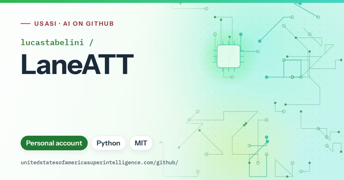 Generated green circuit-trace artwork for lucastabelini/LaneATT, labeled USASI · AI on GitHub, with Personal account · Python · MIT.