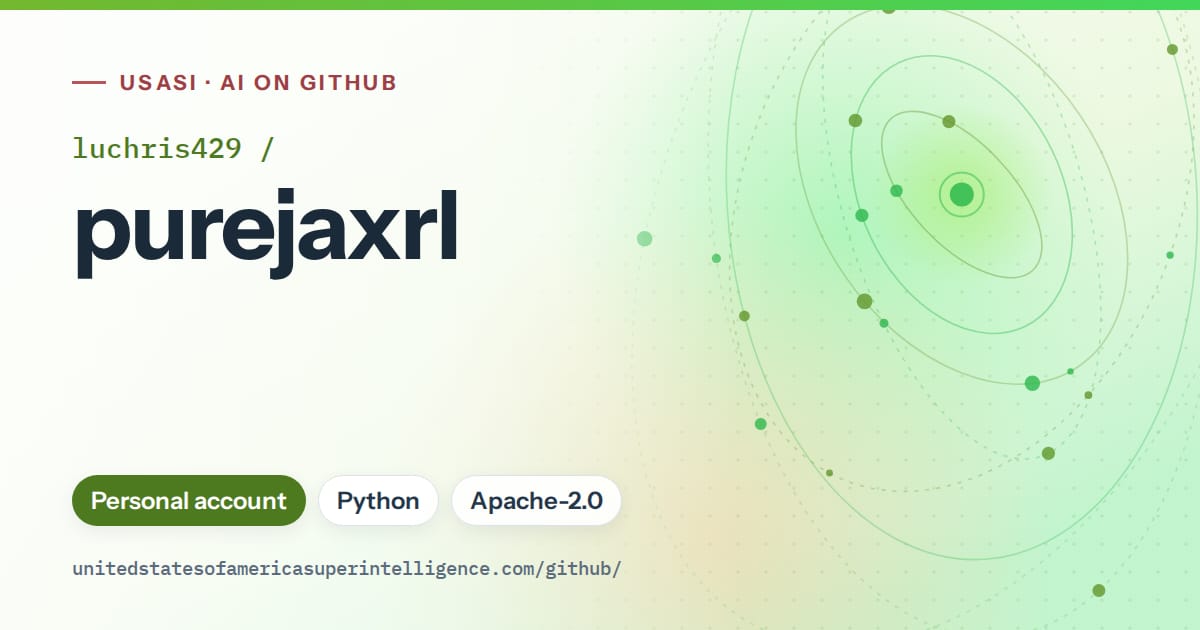 Generated green orbit artwork for luchris429/purejaxrl, labeled USASI · AI on GitHub, with Personal account · Python · Apache-2.0.
