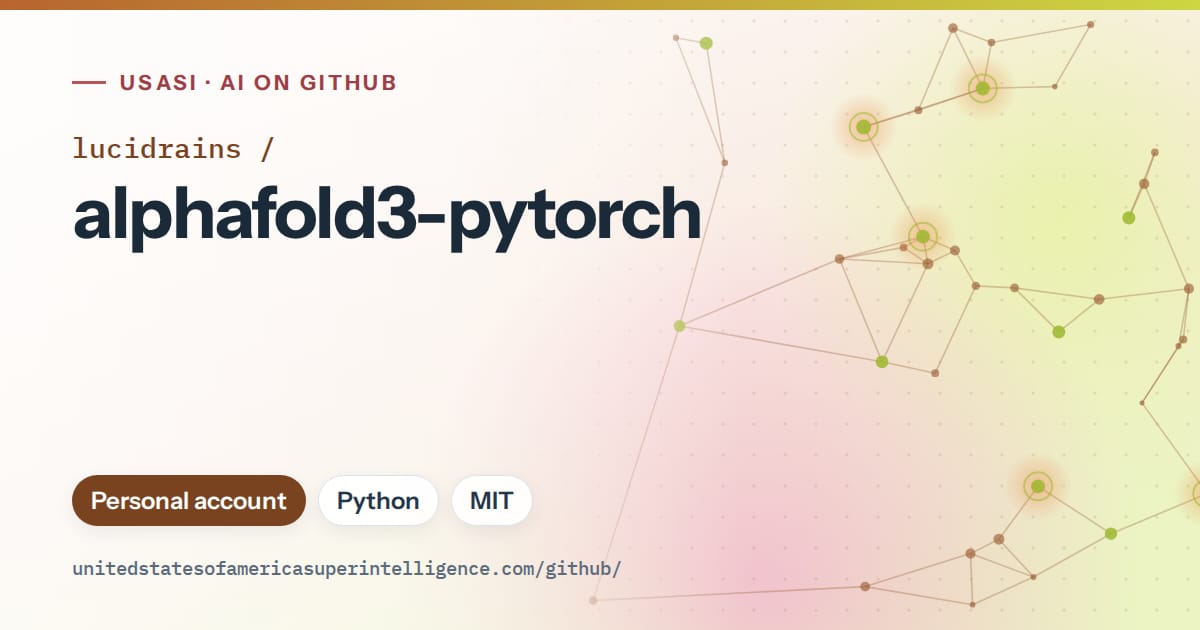 Generated orange constellation network artwork for lucidrains/alphafold3-pytorch, labeled USASI · AI on GitHub, with Personal account · Python · MIT.