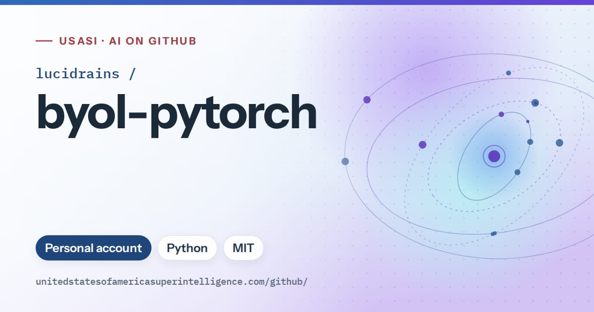Generated sky blue orbit artwork for lucidrains/byol-pytorch, labeled USASI · AI on GitHub, with Personal account · Python · MIT.
