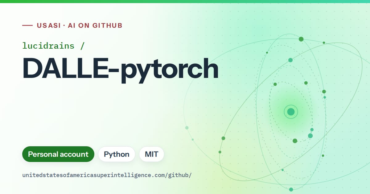 Generated green orbit artwork for lucidrains/DALLE-pytorch, labeled USASI · AI on GitHub, with Personal account · Python · MIT.