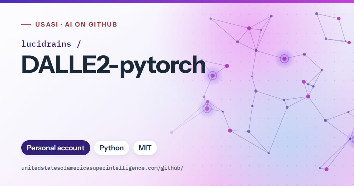 Generated violet constellation network artwork for lucidrains/DALLE2-pytorch, labeled USASI · AI on GitHub, with Personal account · Python · MIT.