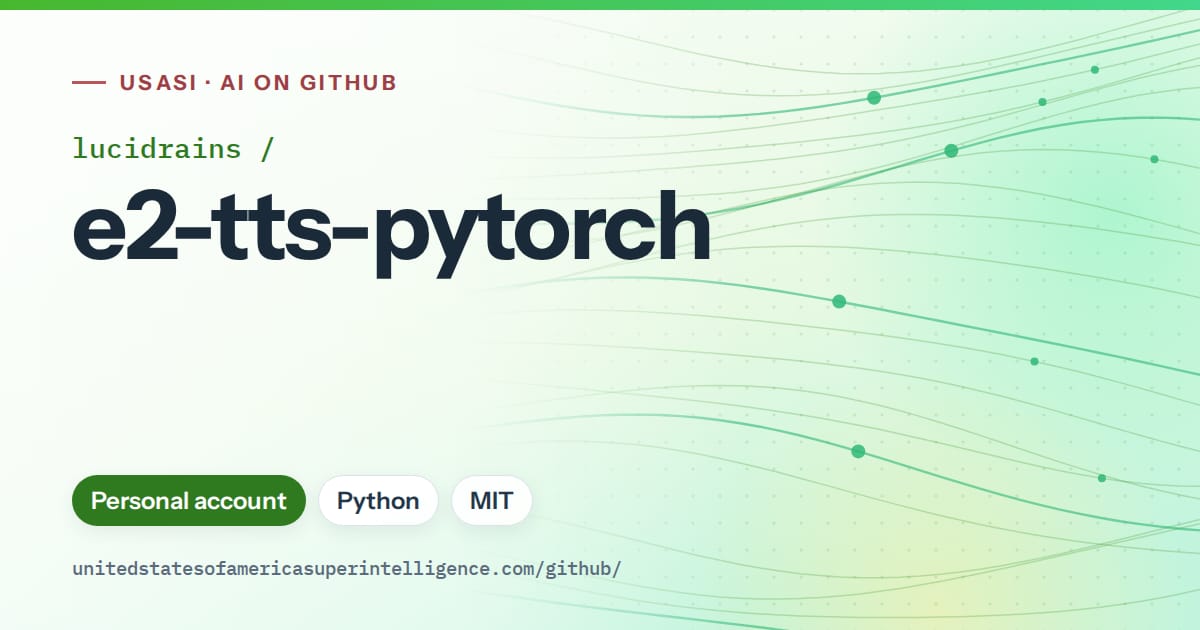 Generated green flowing-wave artwork for lucidrains/e2-tts-pytorch, labeled USASI · AI on GitHub, with Personal account · Python · MIT.