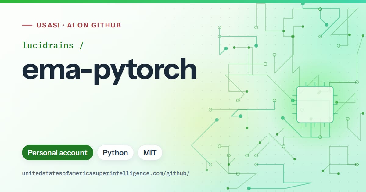 Generated green circuit-trace artwork for lucidrains/ema-pytorch, labeled USASI · AI on GitHub, with Personal account · Python · MIT.