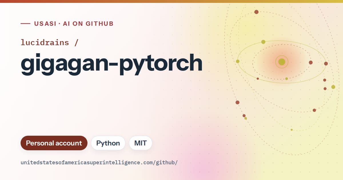 Generated red orbit artwork for lucidrains/gigagan-pytorch, labeled USASI · AI on GitHub, with Personal account · Python · MIT.