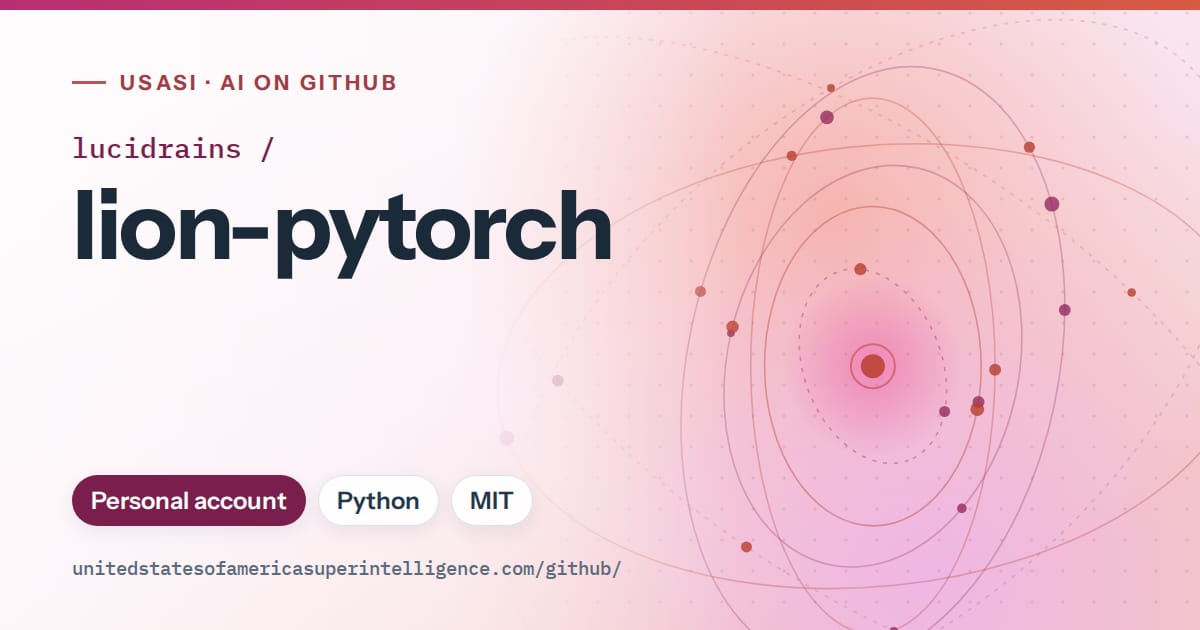 Generated pink orbit artwork for lucidrains/lion-pytorch, labeled USASI · AI on GitHub, with Personal account · Python · MIT.