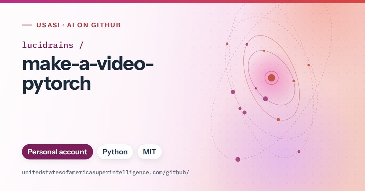 Generated pink orbit artwork for lucidrains/make-a-video-pytorch, labeled USASI · AI on GitHub, with Personal account · Python · MIT.