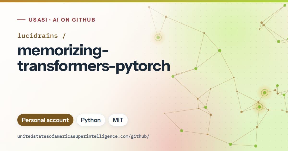 Generated orange constellation network artwork for lucidrains/memorizing-transformers-pytorch, labeled USASI · AI on GitHub, with Personal account · Python · MIT.