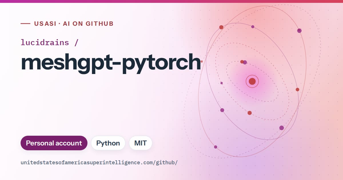 Generated purple orbit artwork for lucidrains/meshgpt-pytorch, labeled USASI · AI on GitHub, with Personal account · Python · MIT.