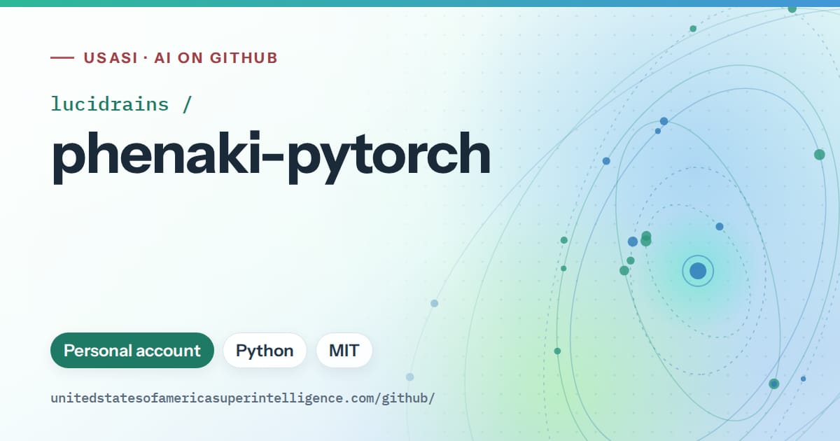 Generated teal orbit artwork for lucidrains/phenaki-pytorch, labeled USASI · AI on GitHub, with Personal account · Python · MIT.