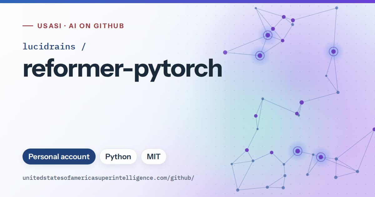 Generated blue constellation network artwork for lucidrains/reformer-pytorch, labeled USASI · AI on GitHub, with Personal account · Python · MIT.