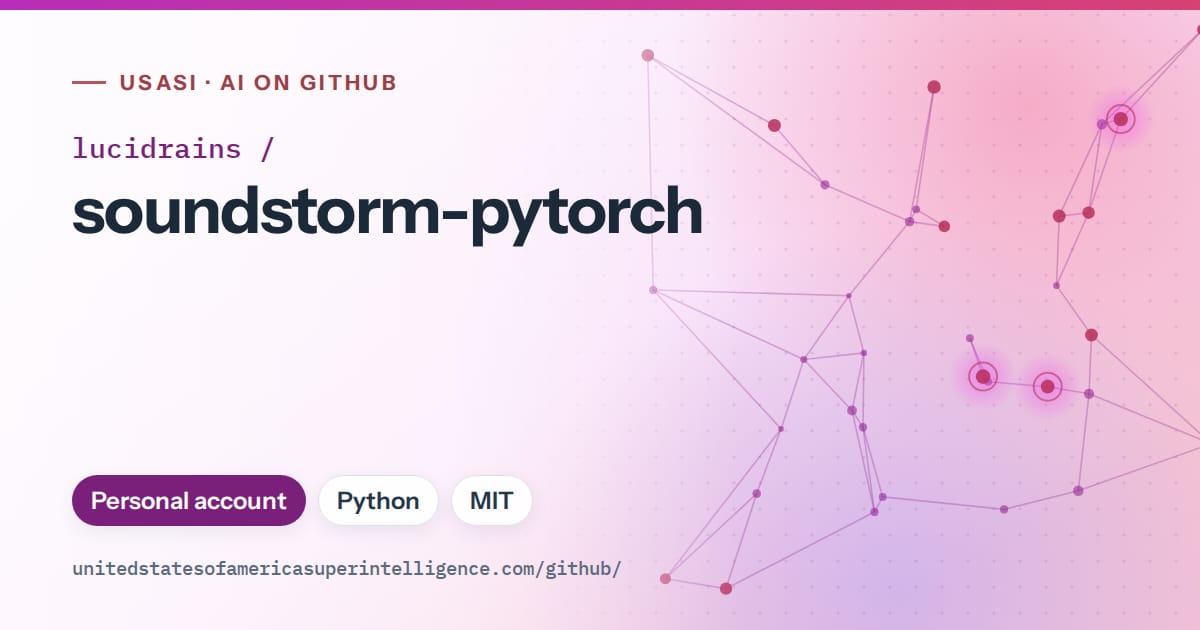 Generated purple constellation network artwork for lucidrains/soundstorm-pytorch, labeled USASI · AI on GitHub, with Personal account · Python · MIT.