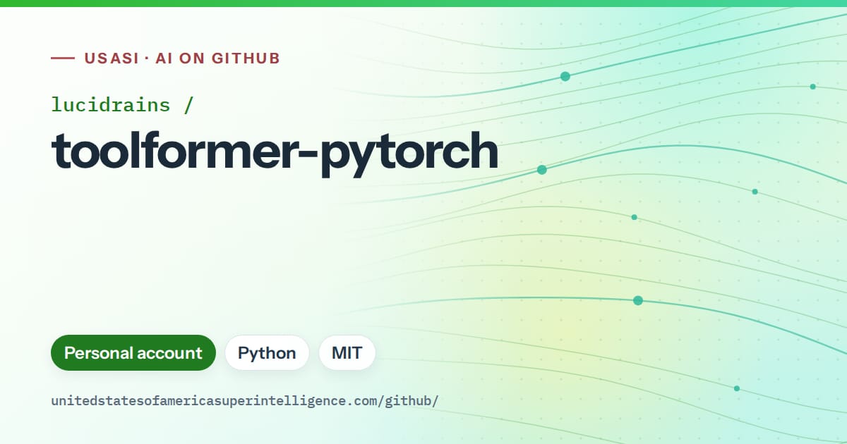 Generated green flowing-wave artwork for lucidrains/toolformer-pytorch, labeled USASI · AI on GitHub, with Personal account · Python · MIT.