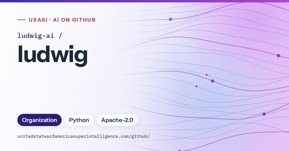 Generated blue flowing-wave artwork for ludwig-ai/ludwig, labeled USASI · AI on GitHub, with Organization · Python · Apache-2.0.