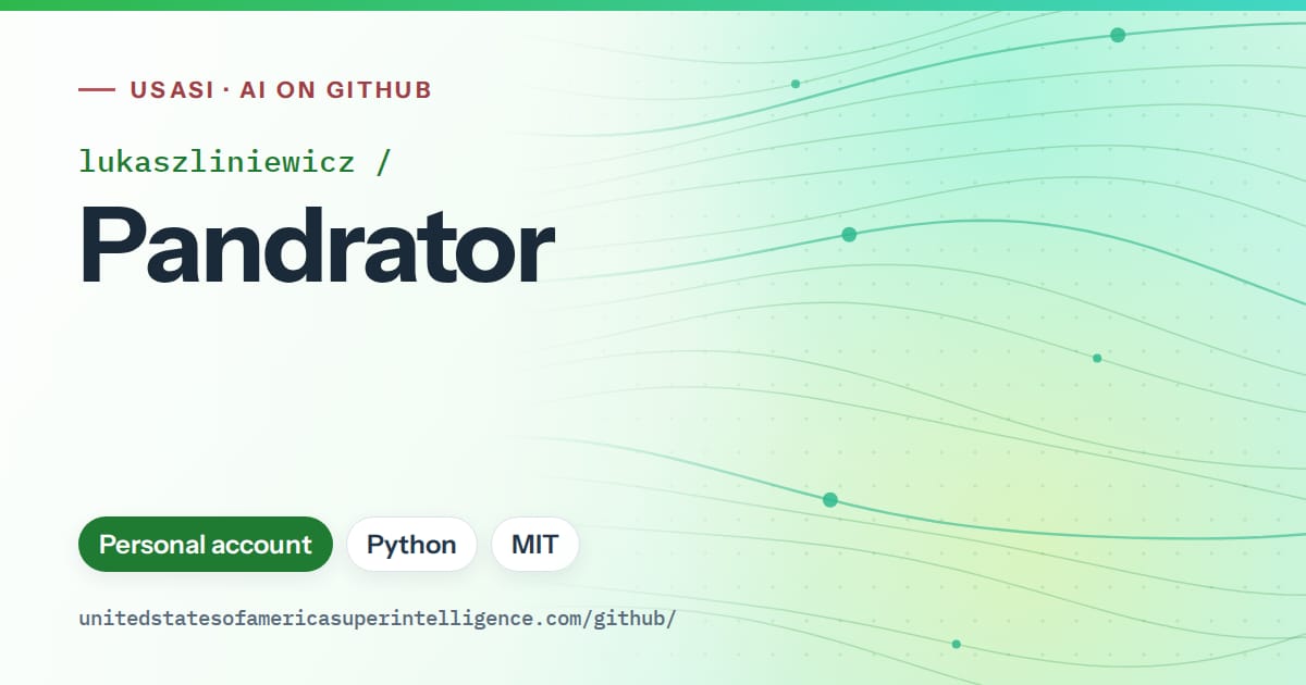 Generated green flowing-wave artwork for lukaszliniewicz/Pandrator, labeled USASI · AI on GitHub, with Personal account · Python · MIT.