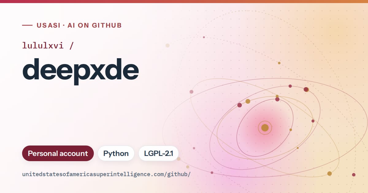 Generated red orbit artwork for lululxvi/deepxde, labeled USASI · AI on GitHub, with Personal account · Python · LGPL-2.1.