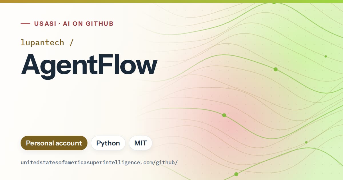 Generated orange flowing-wave artwork for lupantech/AgentFlow, labeled USASI · AI on GitHub, with Personal account · Python · MIT.