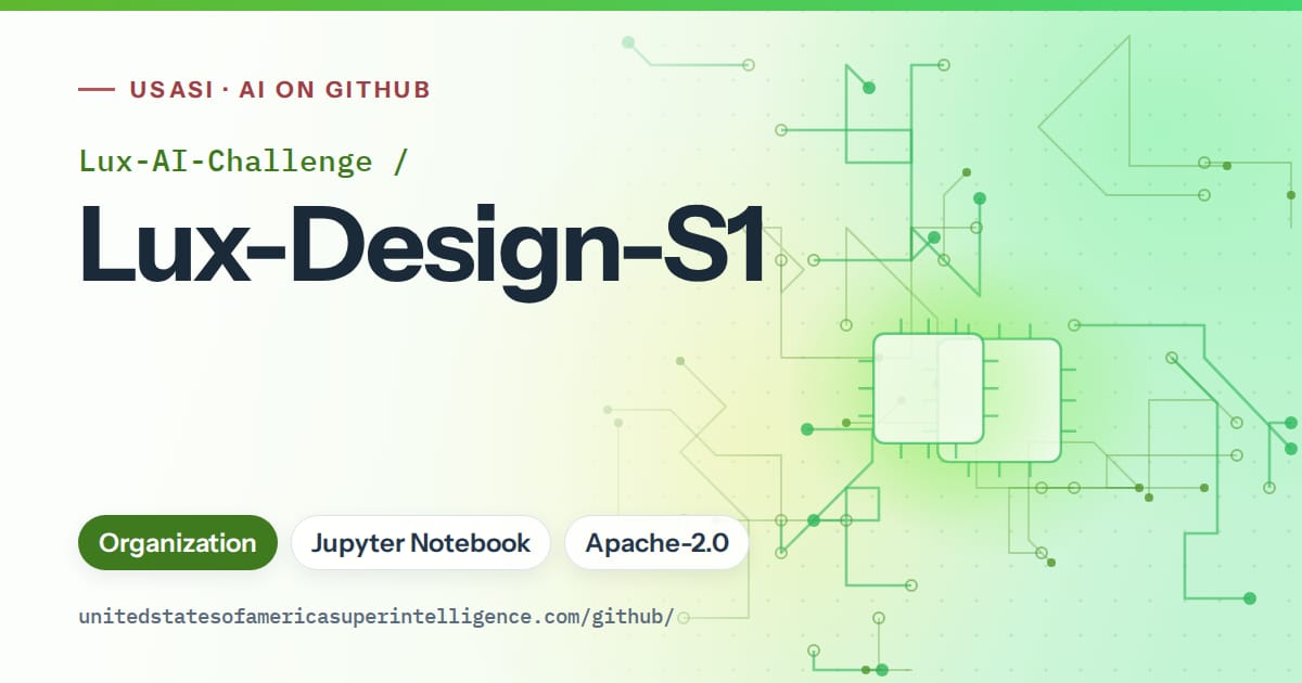 Generated green circuit-trace artwork for Lux-AI-Challenge/Lux-Design-S1, labeled USASI · AI on GitHub, with Organization · Jupyter Notebook · Apache-2.0.