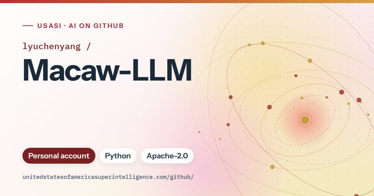 Generated red orbit artwork for lyuchenyang/Macaw-LLM, labeled USASI · AI on GitHub, with Personal account · Python · Apache-2.0.