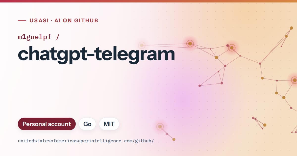 Generated red constellation network artwork for m1guelpf/chatgpt-telegram, labeled USASI · AI on GitHub, with Personal account · Go · MIT.