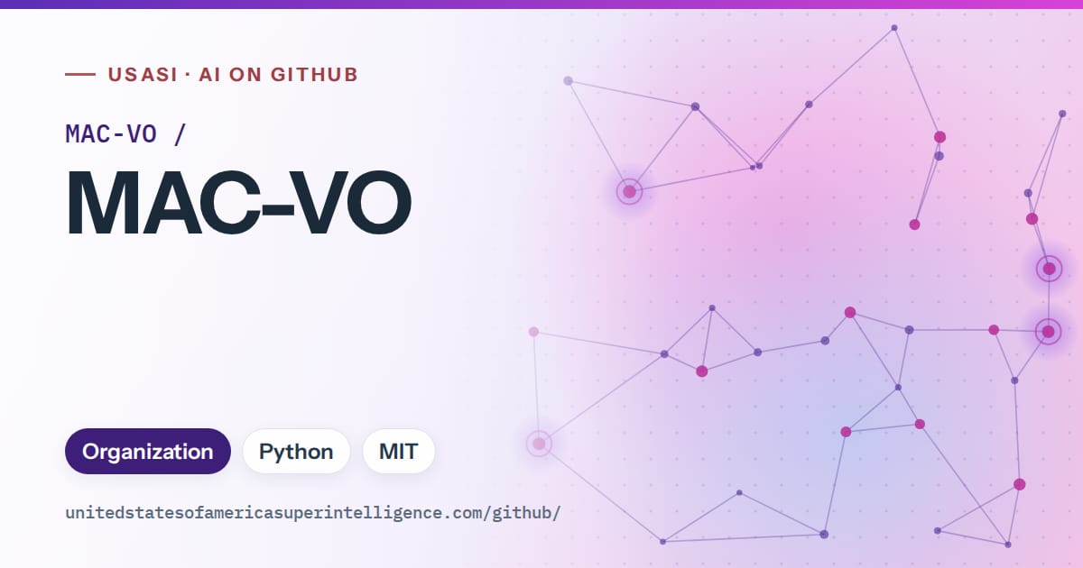 Generated violet constellation network artwork for MAC-VO/MAC-VO, labeled USASI · AI on GitHub, with Organization · Python · MIT.